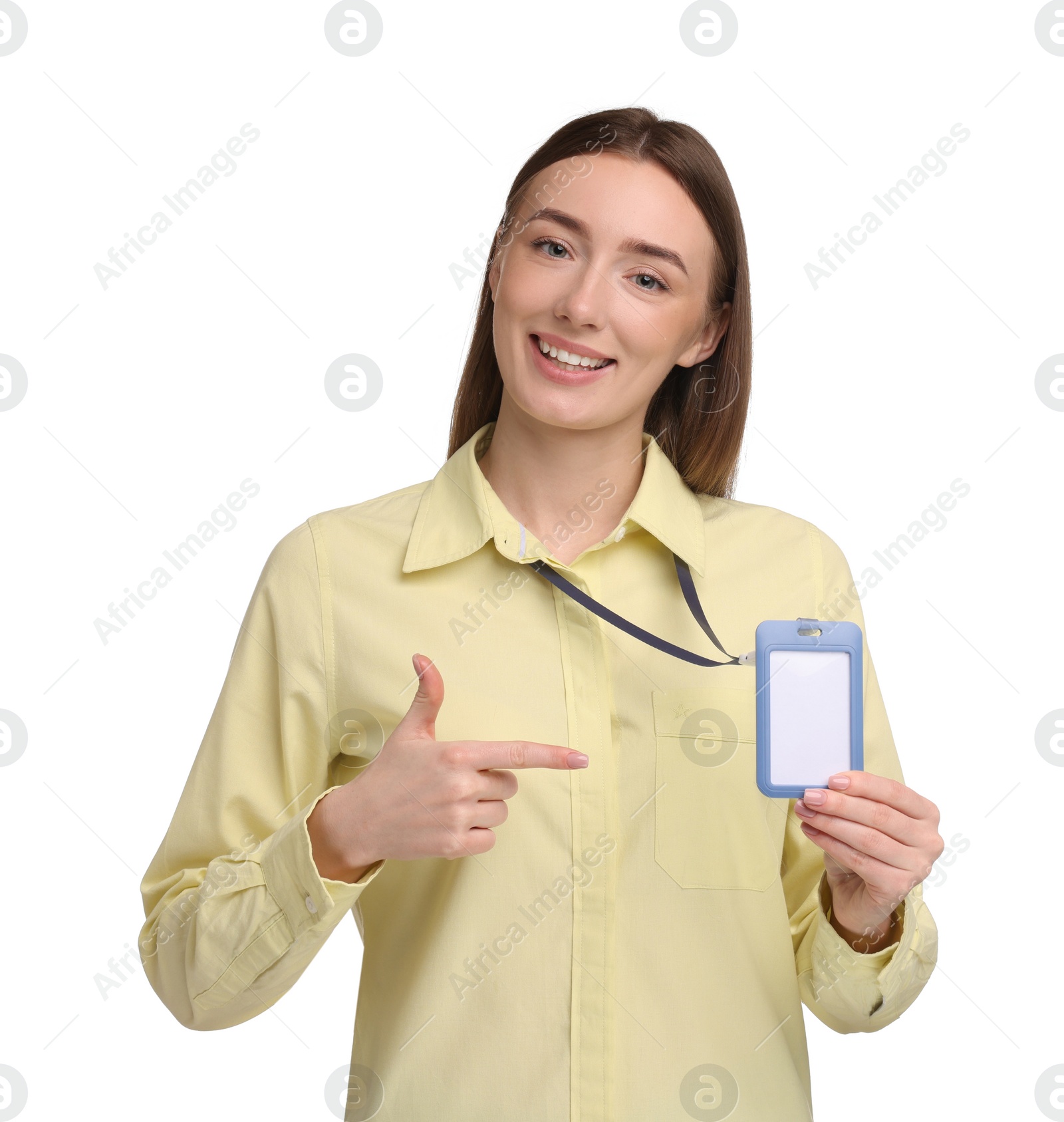 Photo of Woman pointing at blank badge on white background