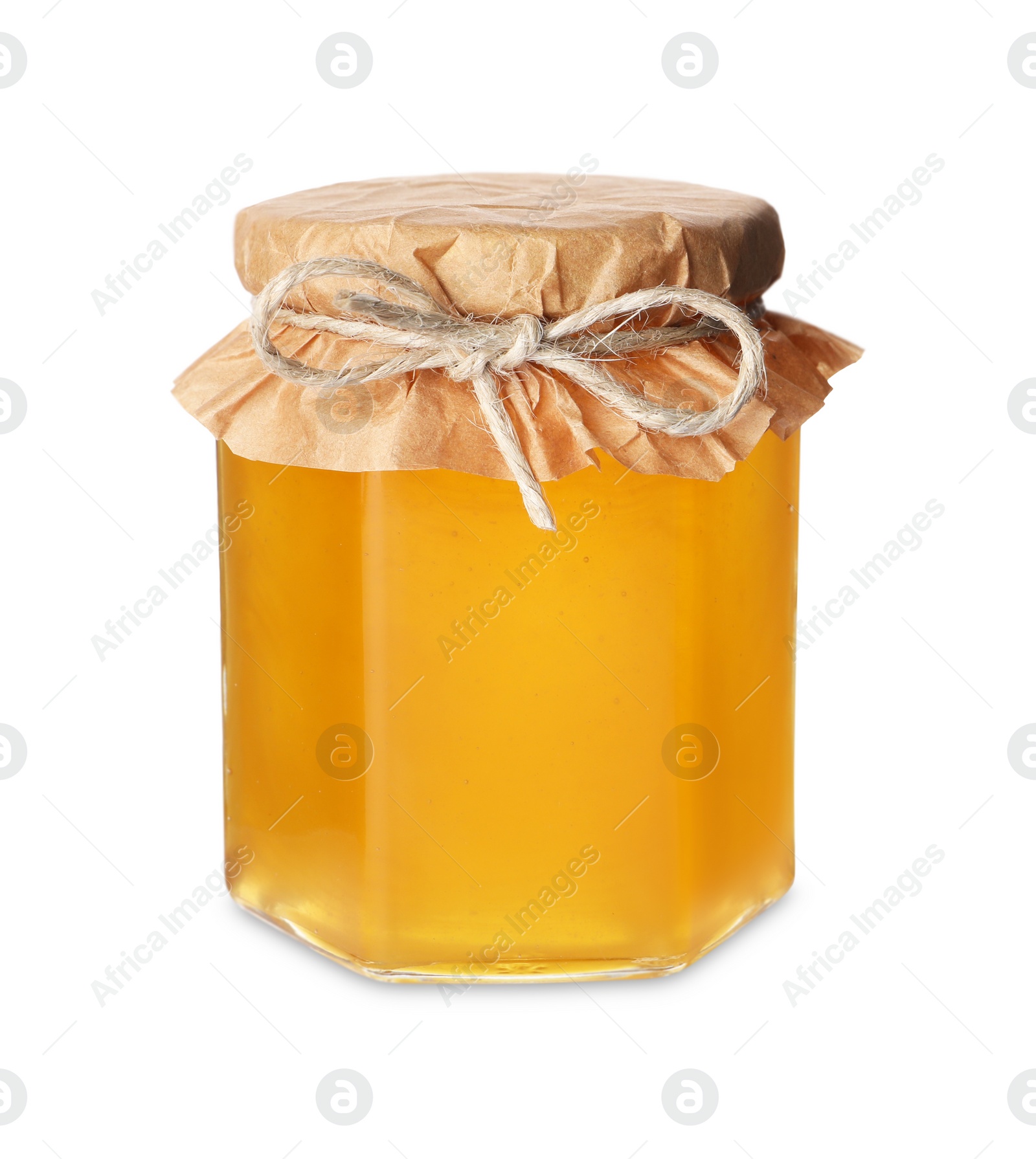 Photo of Tasty honey in glass jar isolated on white