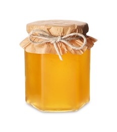 Tasty honey in glass jar isolated on white