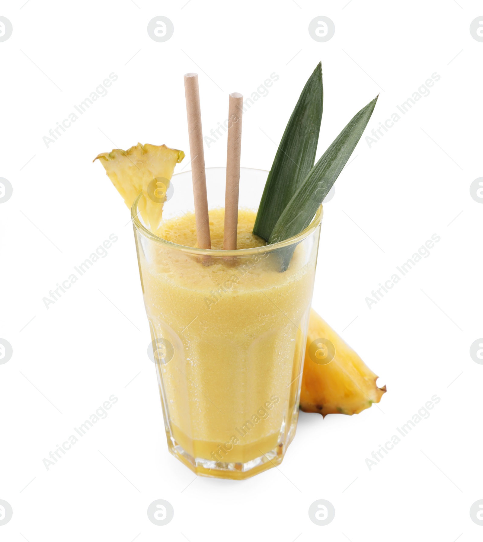 Photo of Tasty pineapple smoothie in glass and slice of fruit isolated on white