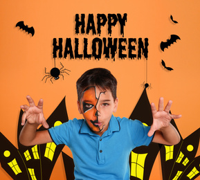 Image of Happy Halloween greeting card design. Little boy with painted face on orange background