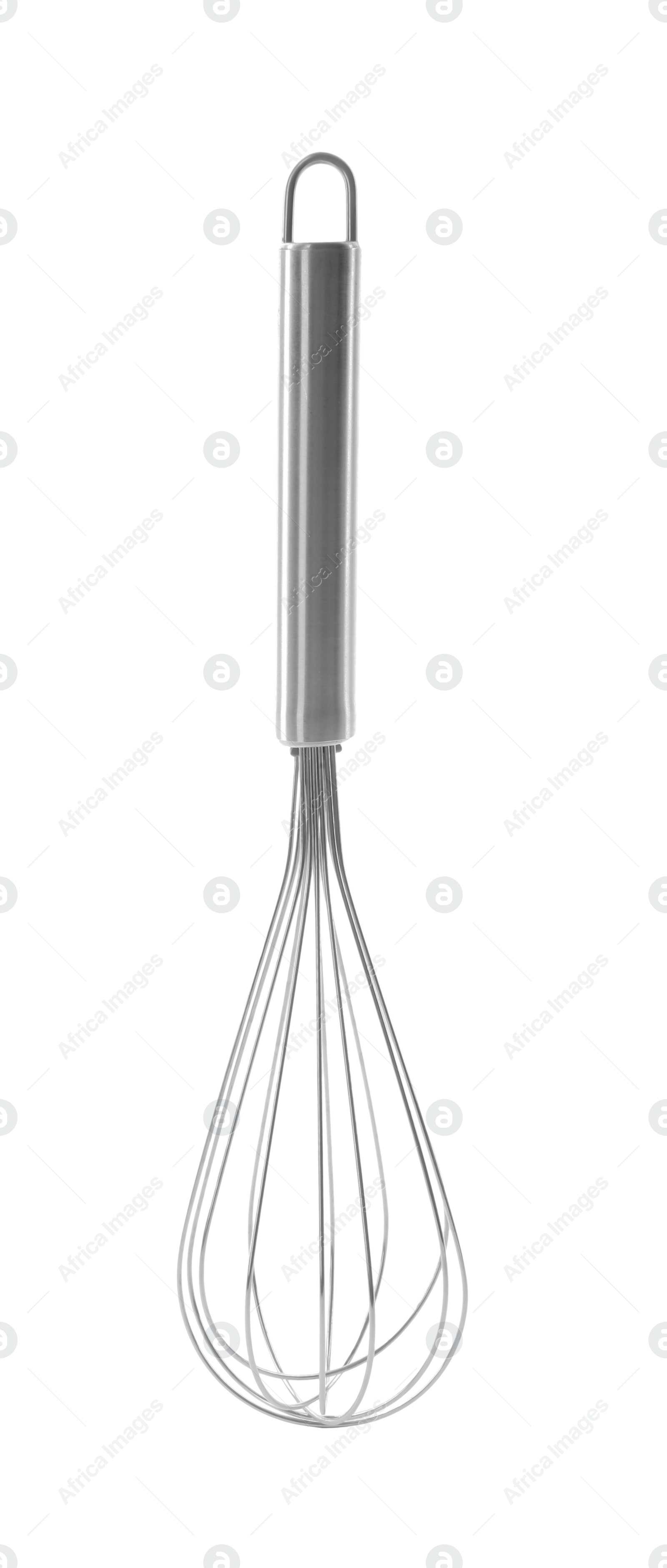 Photo of Metal whisk isolated on white. Kitchen utensil