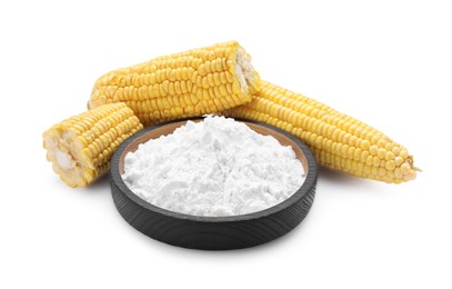 Photo of Bowl of corn starch and ripe cobs on white background