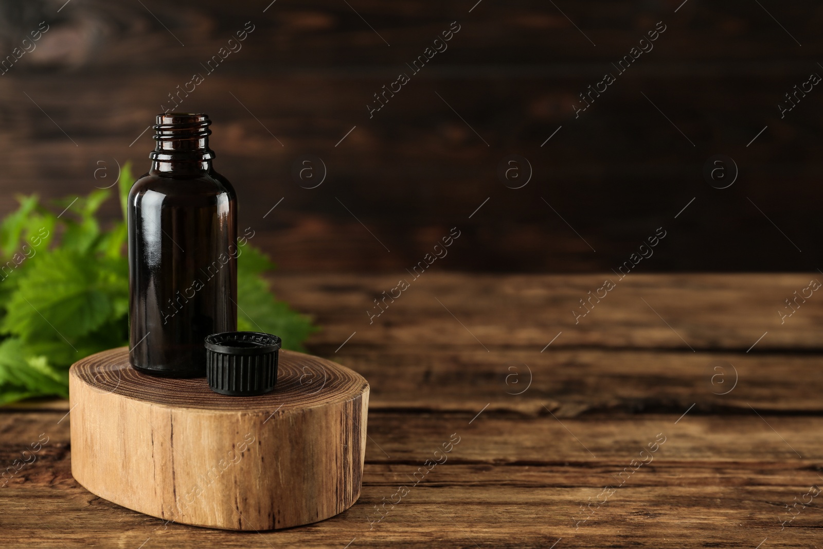 Photo of Glass bottle of nettle oil with leaves on wooden table. Space for text