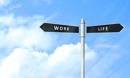 Image of Signpost against beautiful blue sky, space for text. Concept of balance between work and life