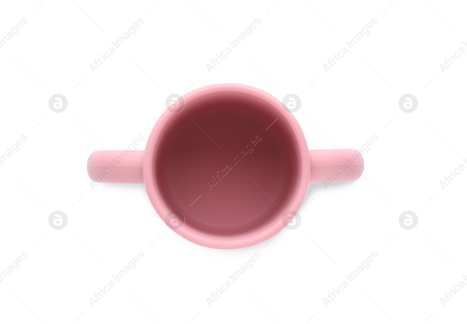 Photo of Plastic baby cup isolated on white, top view