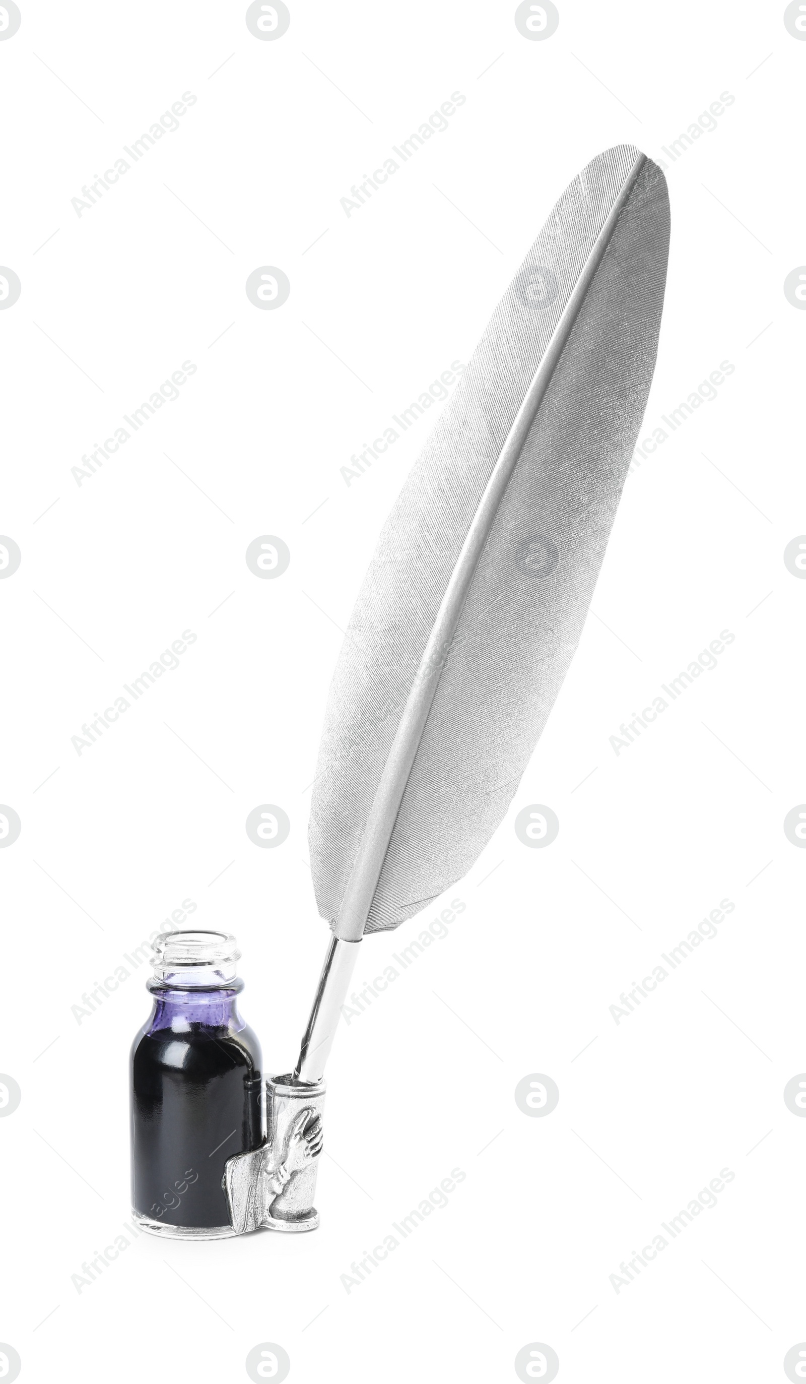 Photo of Feather pen and bottle of ink on white background