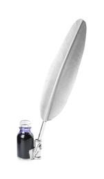 Photo of Feather pen and bottle of ink on white background