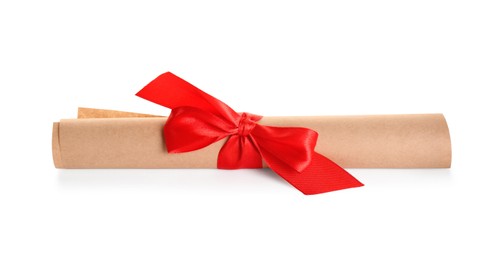 Photo of Rolled student's diploma with red ribbon isolated on white