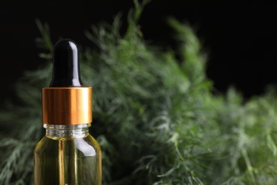 Bottle of essential oil and fresh dill on table, closeup. Space for text