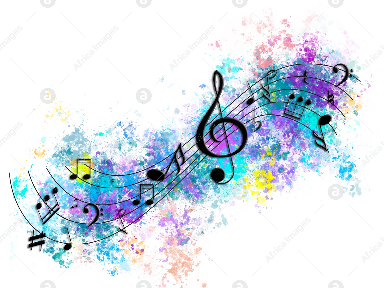 Illustration of Staff with treble clefs and other musical symbols color background