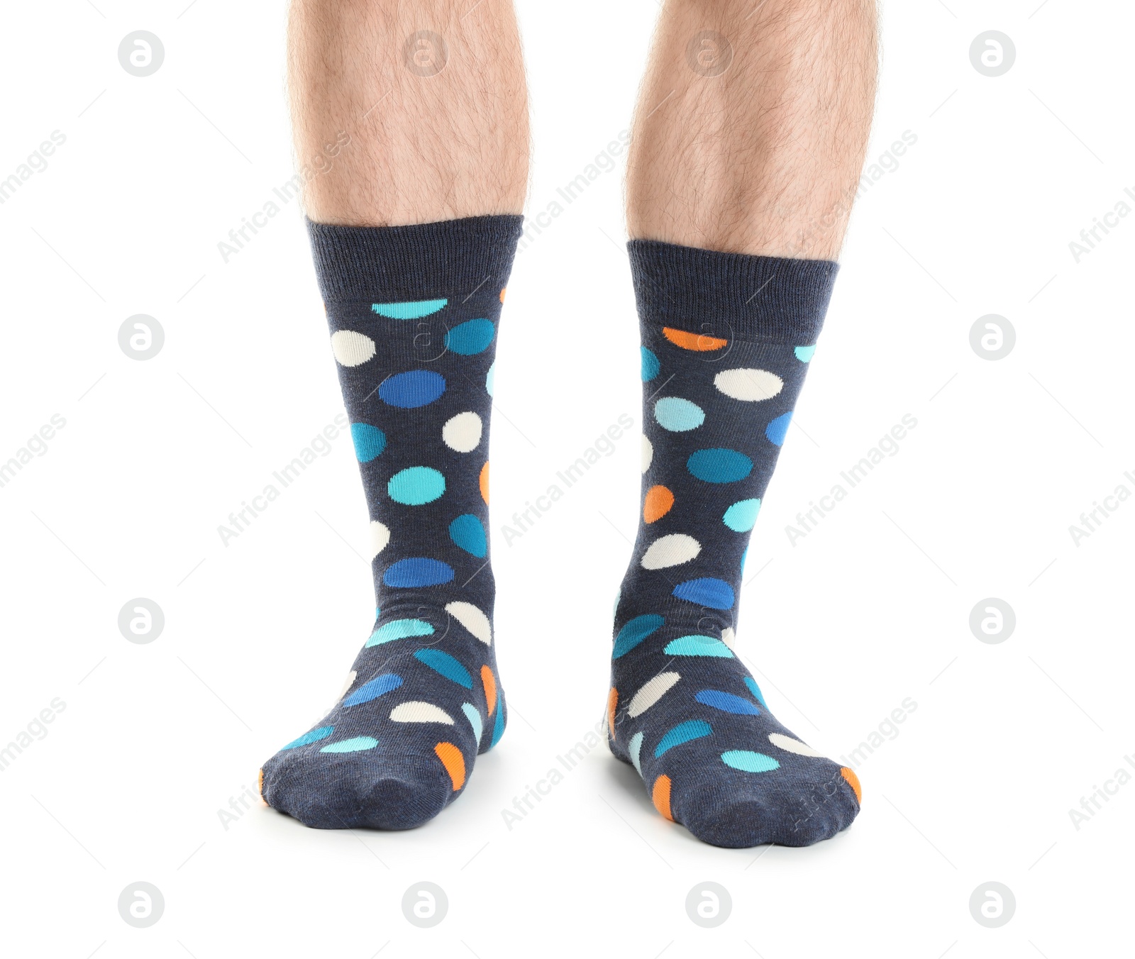 Photo of Man in stylish socks on white background, closeup