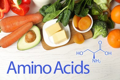 Image of Different natural food on white wooden table, flat lay. Sources of essential amino acids