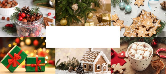 Photos of Christmas holidays combined into collage. Banner design with space for text