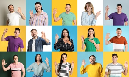 Image of Collage with photos of cheerful people showing hello gesture on different color backgrounds