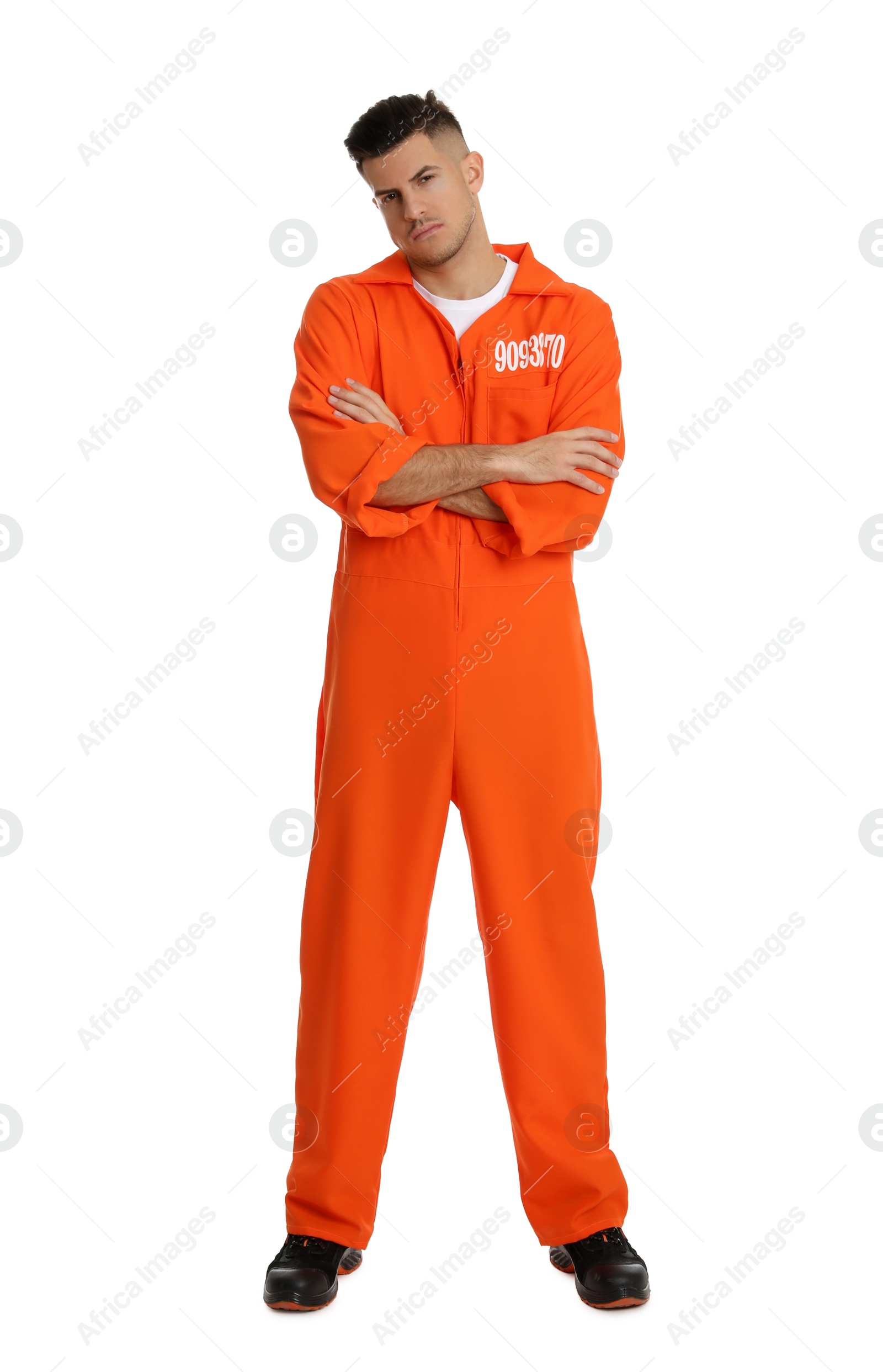 Photo of Prisoner in orange jumpsuit on white background