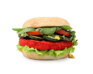 Photo of Tasty vegan burger with vegetables, patty and microgreens on white tiled table, closeup. Space for text