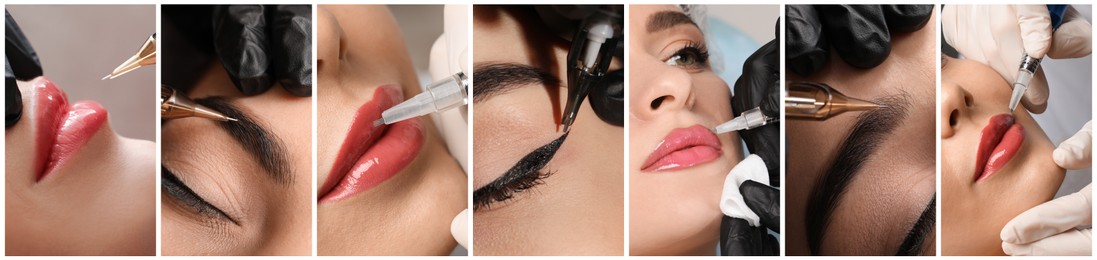 Collage with different photos of women undergoing permanent makeup procedures. Banner design