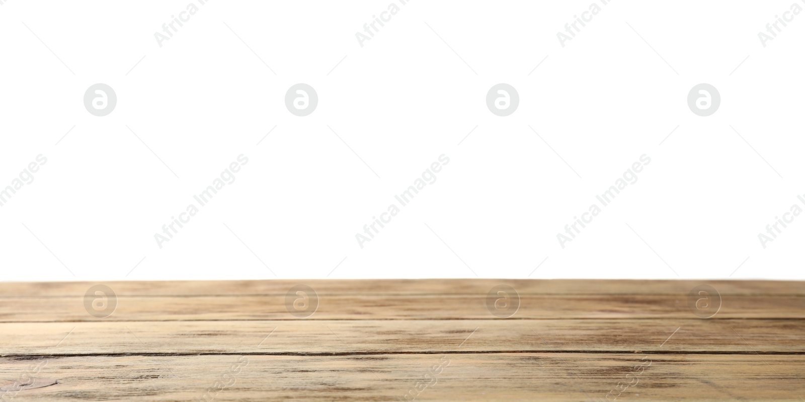 Photo of Empty wooden surface against white background. Mockup for design