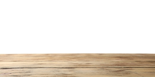 Empty wooden surface against white background. Mockup for design