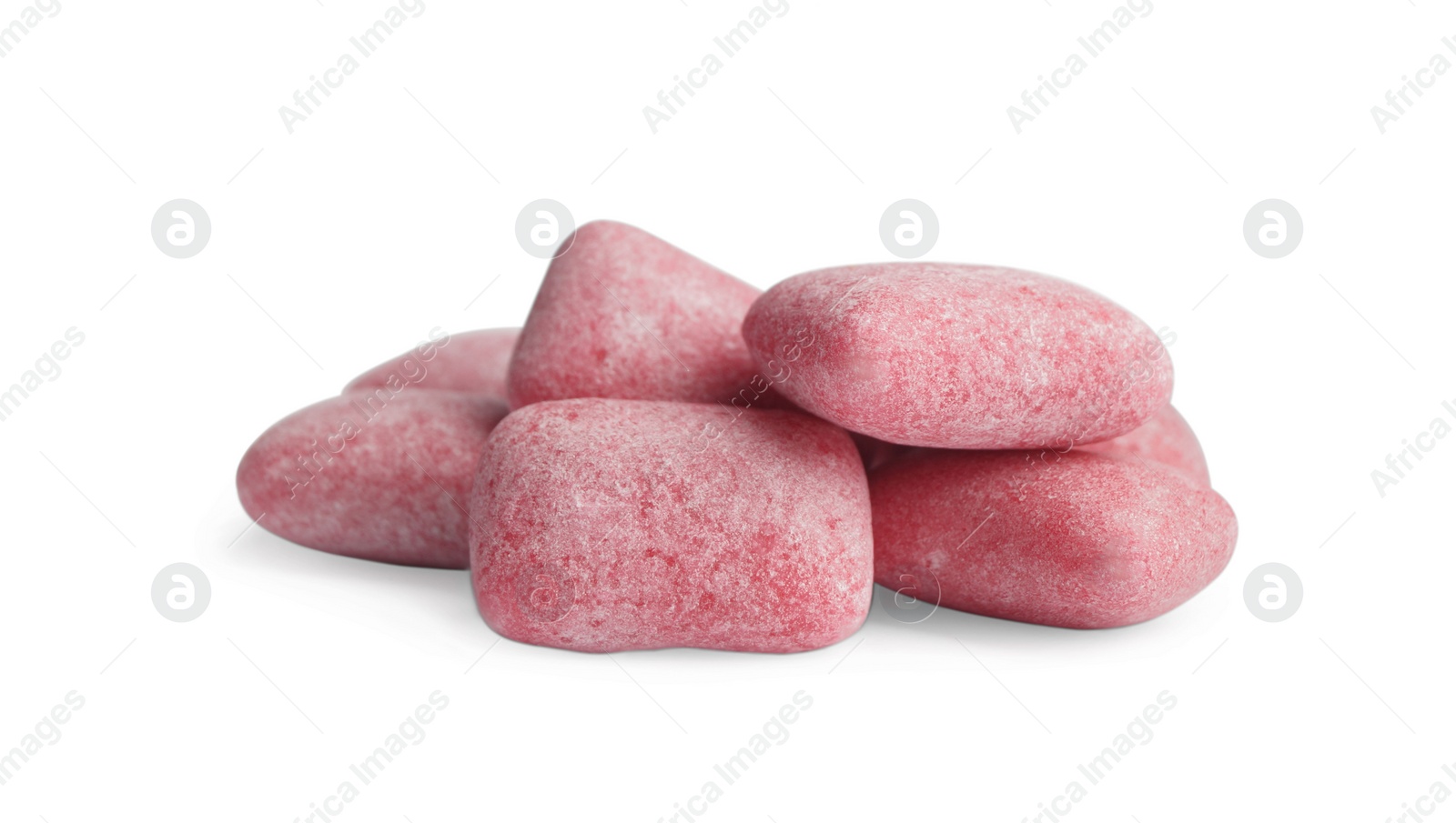 Photo of Heap of tasty sweet chewing gums on white background