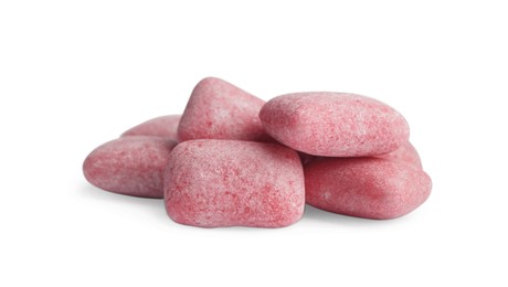 Photo of Heap of tasty sweet chewing gums on white background