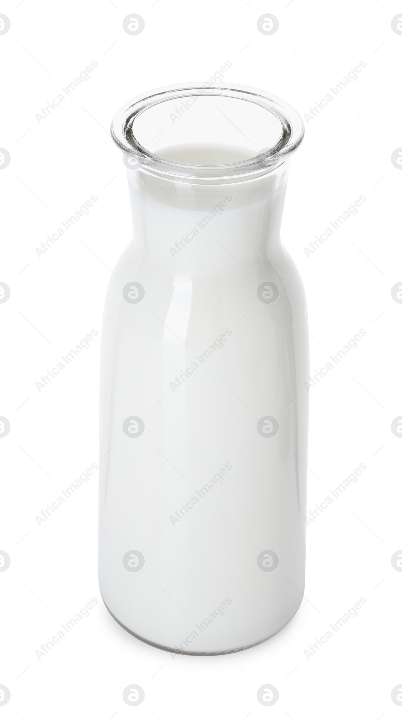 Photo of Glass carafe of fresh milk isolated on white