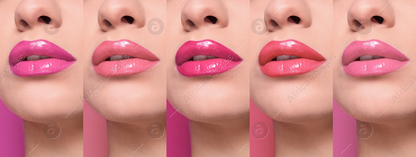 Image of Collage with photos of young woman with different glossy lipsticks on pink background, closeup. Banner design