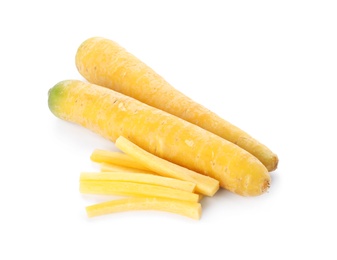 Photo of Fresh raw yellow carrots isolated on white