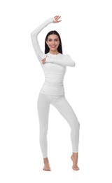 Photo of Woman in warm thermal underwear on white background