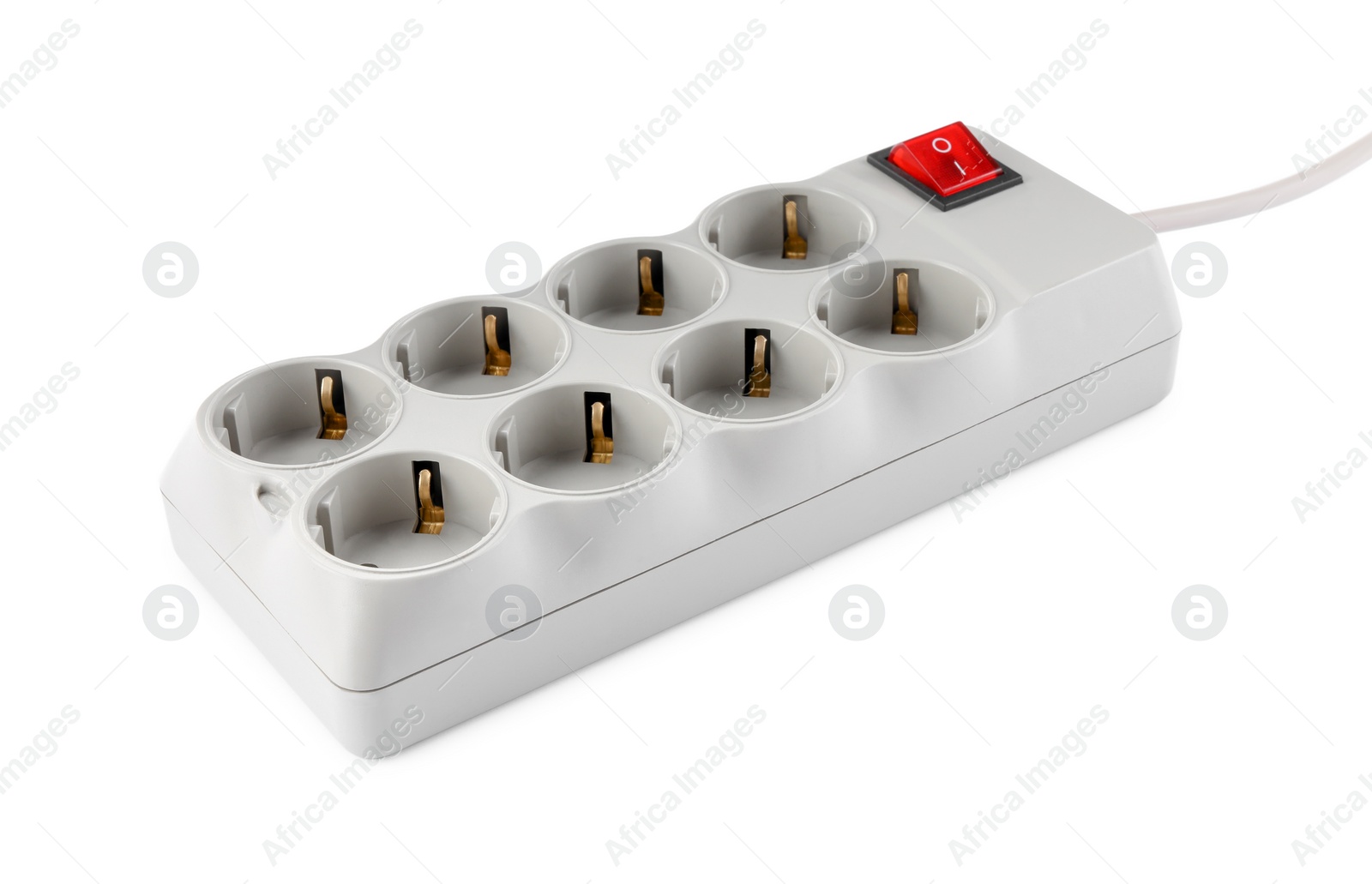 Photo of Power strip with extension cord on white background. Electrician's equipment