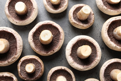 Photo of Fresh champignon mushrooms on grey background, flat lay