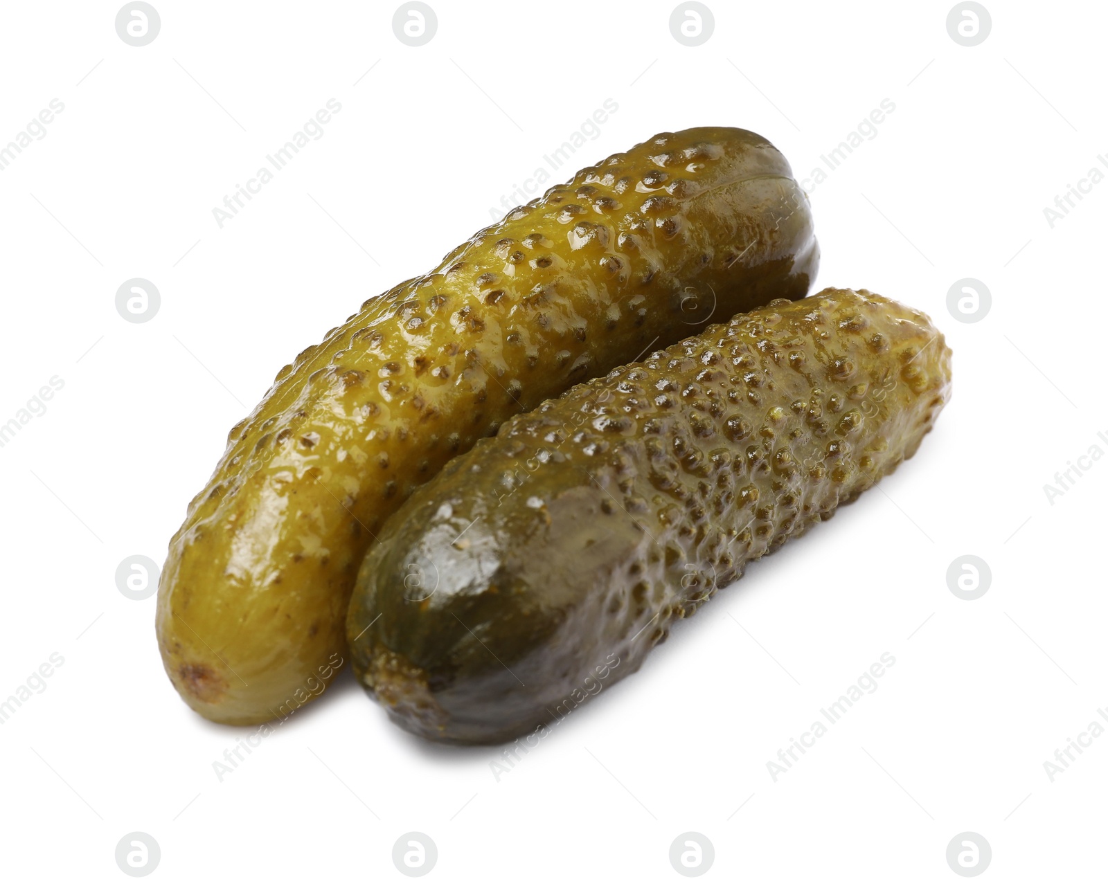 Photo of Two tasty pickled cucumbers isolated on white