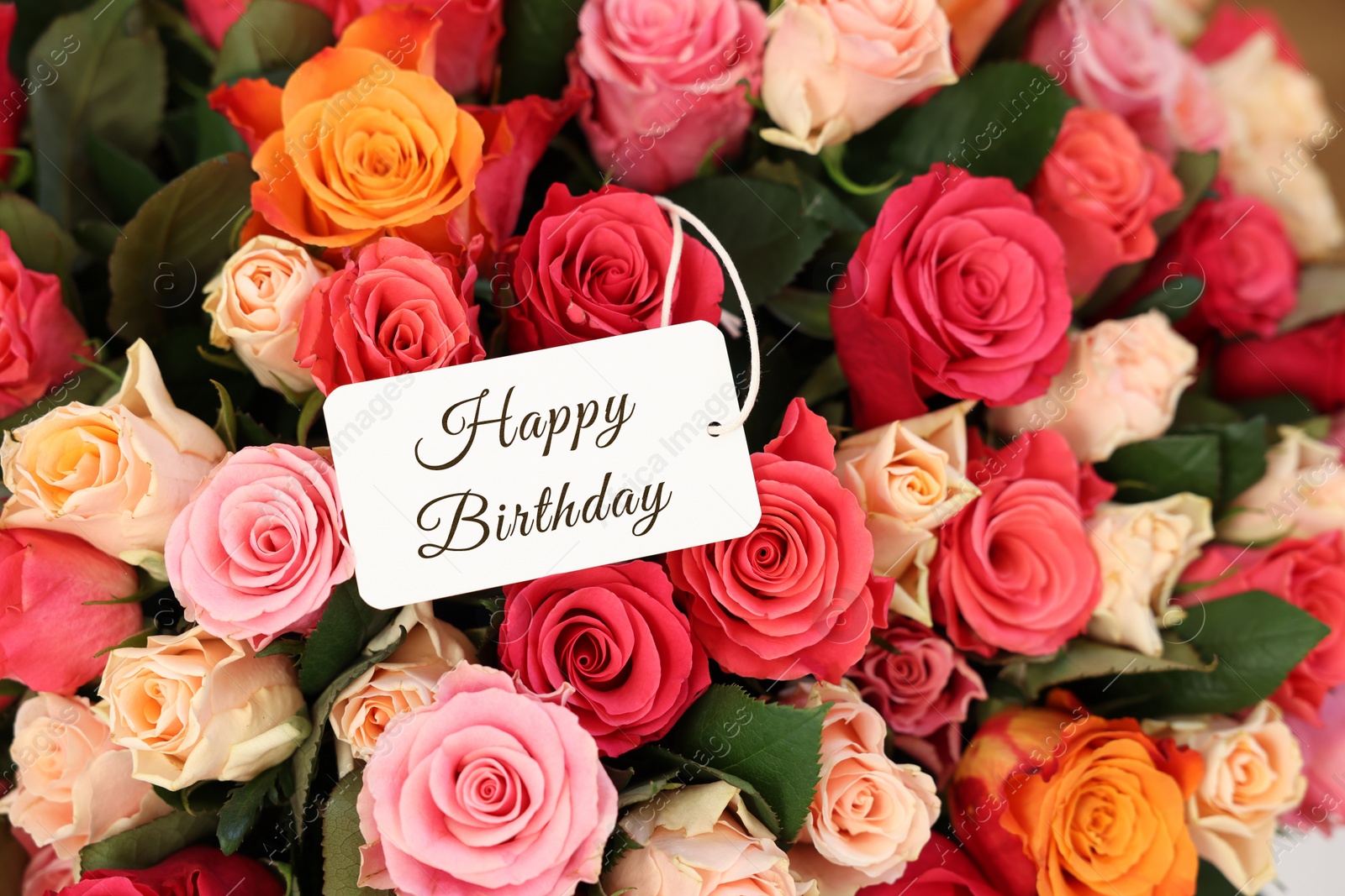 Image of Bouquet of beautiful roses with Happy Birthday card, top view