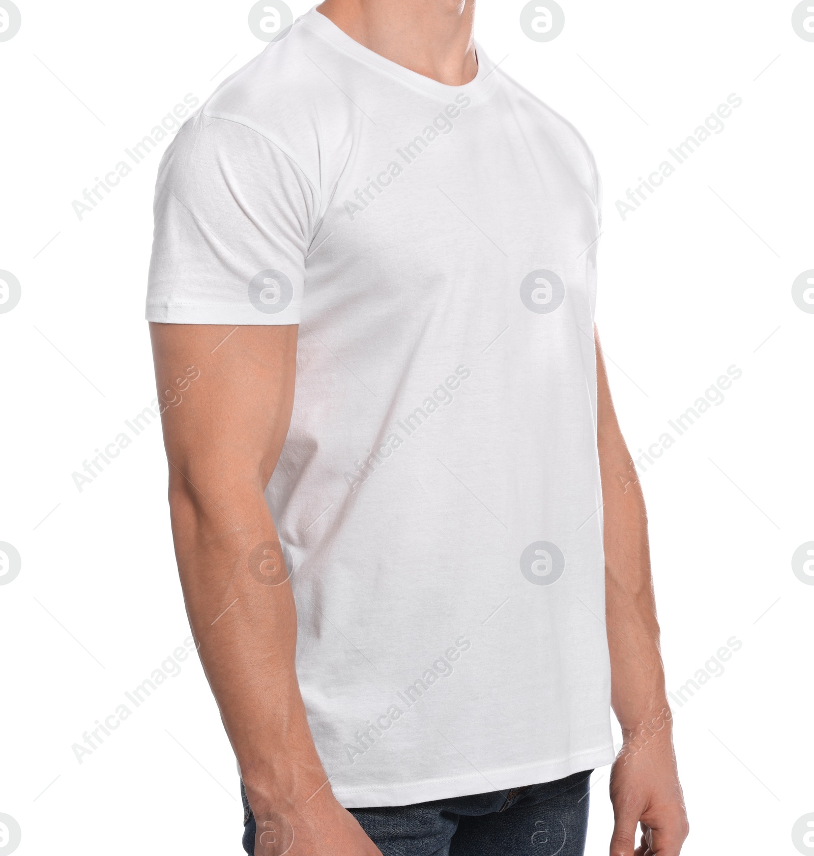 Photo of Man wearing blank t-shirt on white background, closeup. Mockup for design