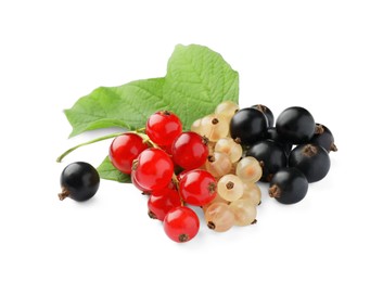 Photo of Fresh red, white and black currants with green leaf isolated on white