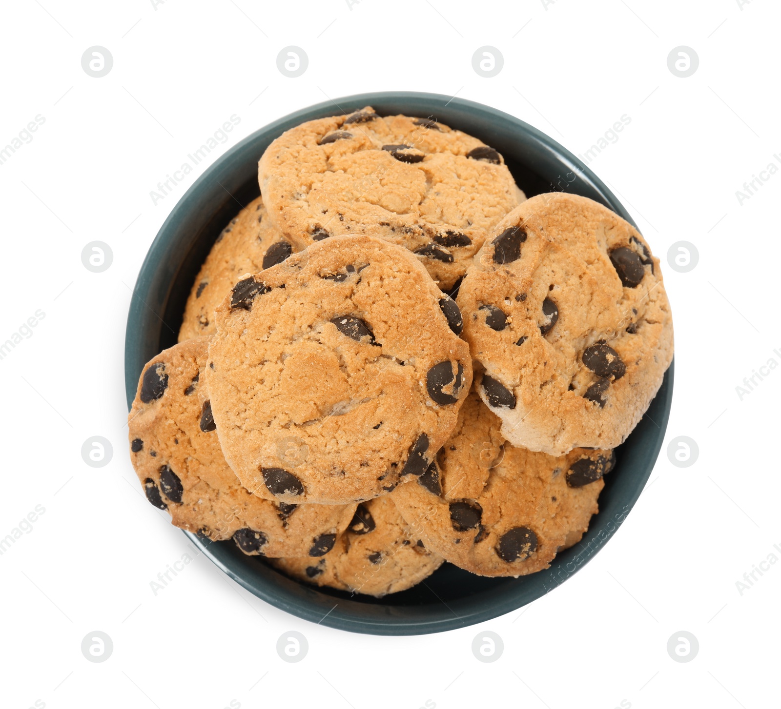 Photo of Delicious chocolate chip cookies in bowl isolated on white, top view