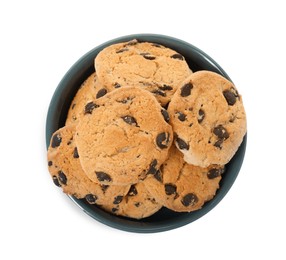 Delicious chocolate chip cookies in bowl isolated on white, top view