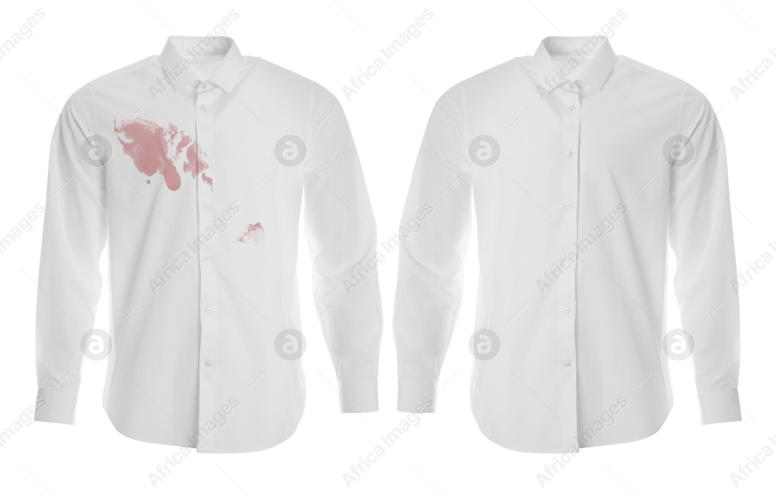 Image of Stylish shirt before and after dry-cleaning on white background