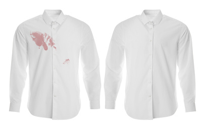 Image of Stylish shirt before and after dry-cleaning on white background