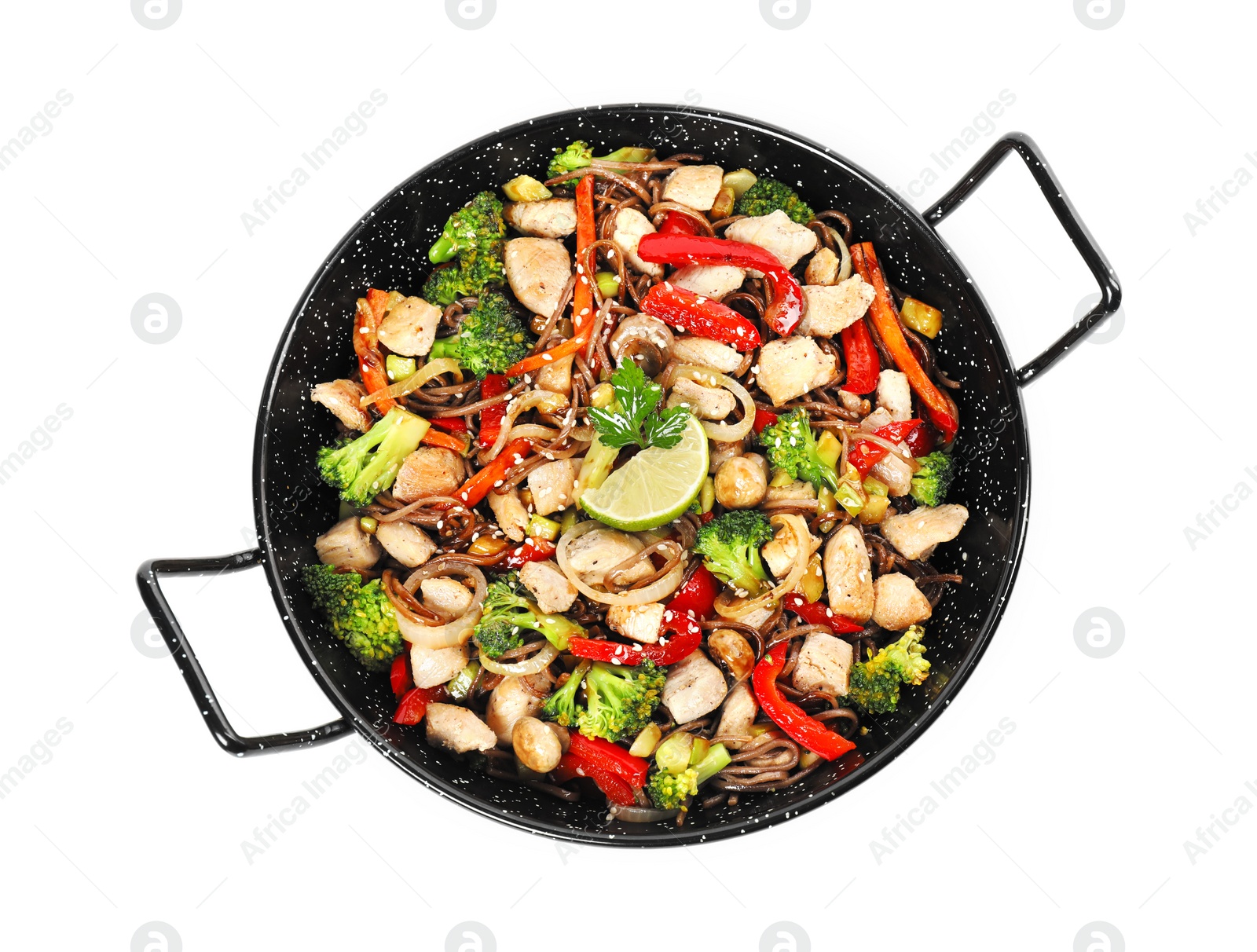 Photo of Stir-fry. Tasty noodles with meat and vegetables in wok isolated on white, top view