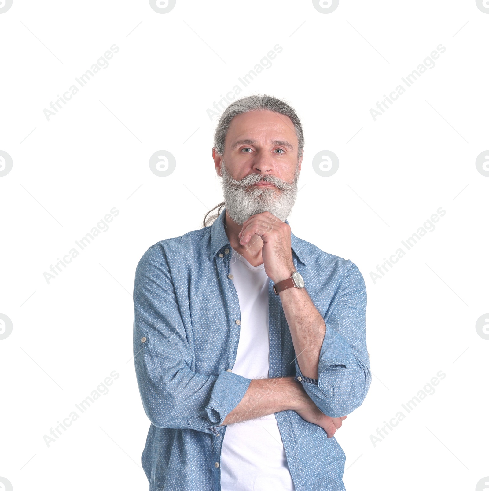 Photo of Handsome bearded mature man on white background