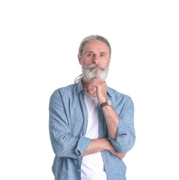 Photo of Handsome bearded mature man on white background