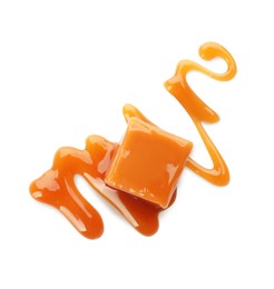 Sweet caramel candy with topping isolated on white, top view