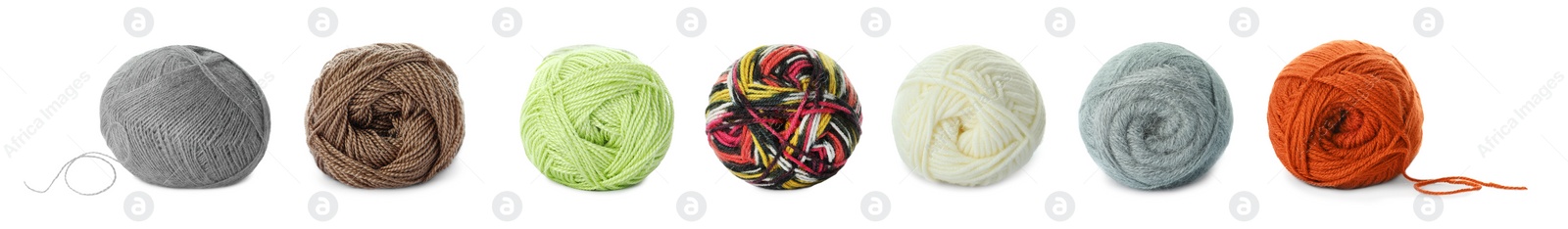 Image of Collage with colorful yarns on white background