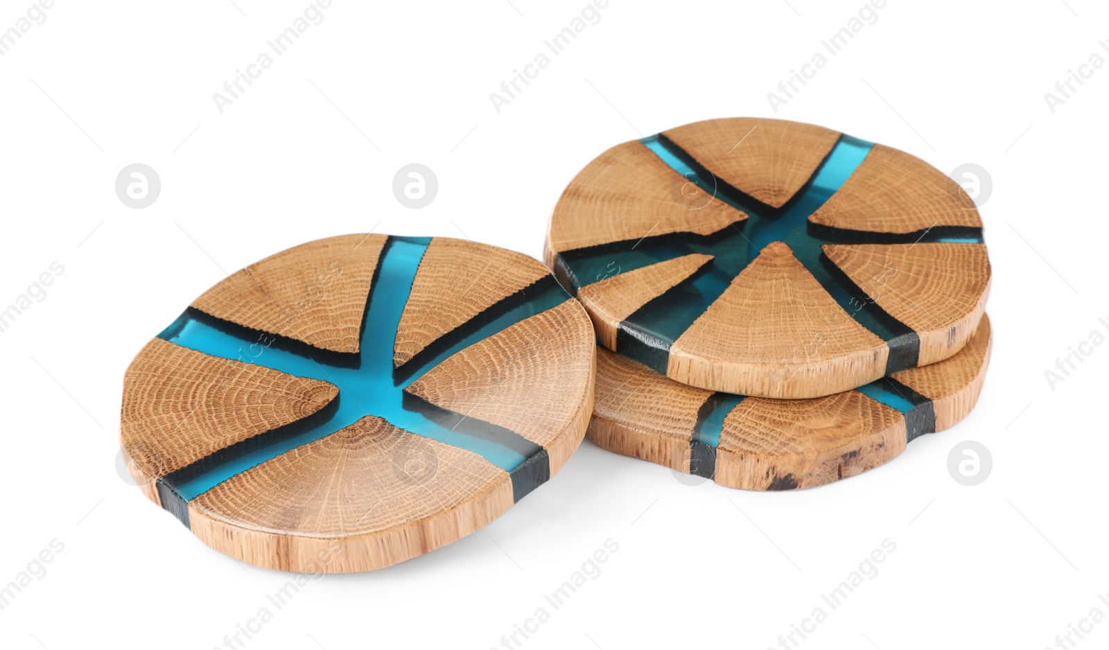 Photo of Stylish wooden cup coasters on white background