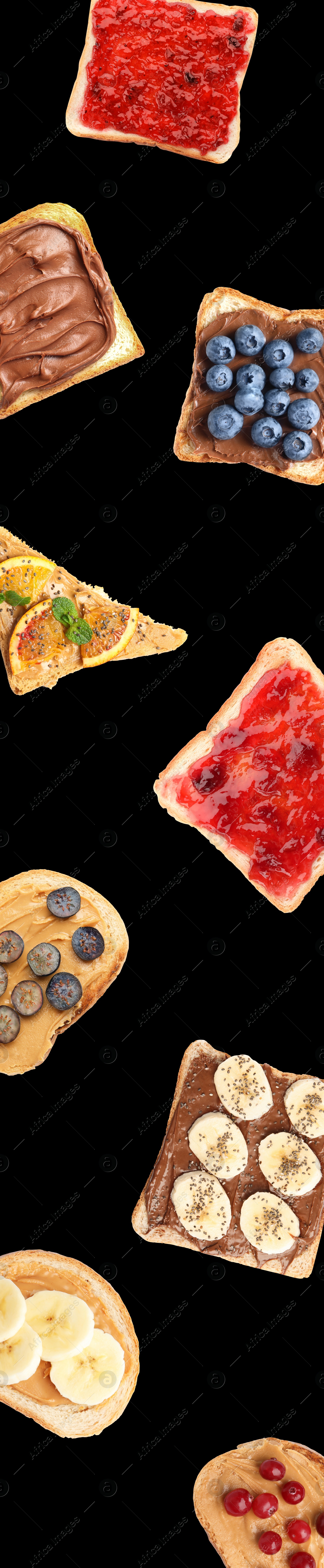 Image of Set of falling delicious toasted bread with different toppings on black background