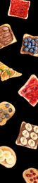 Image of Set of falling delicious toasted bread with different toppings on black background