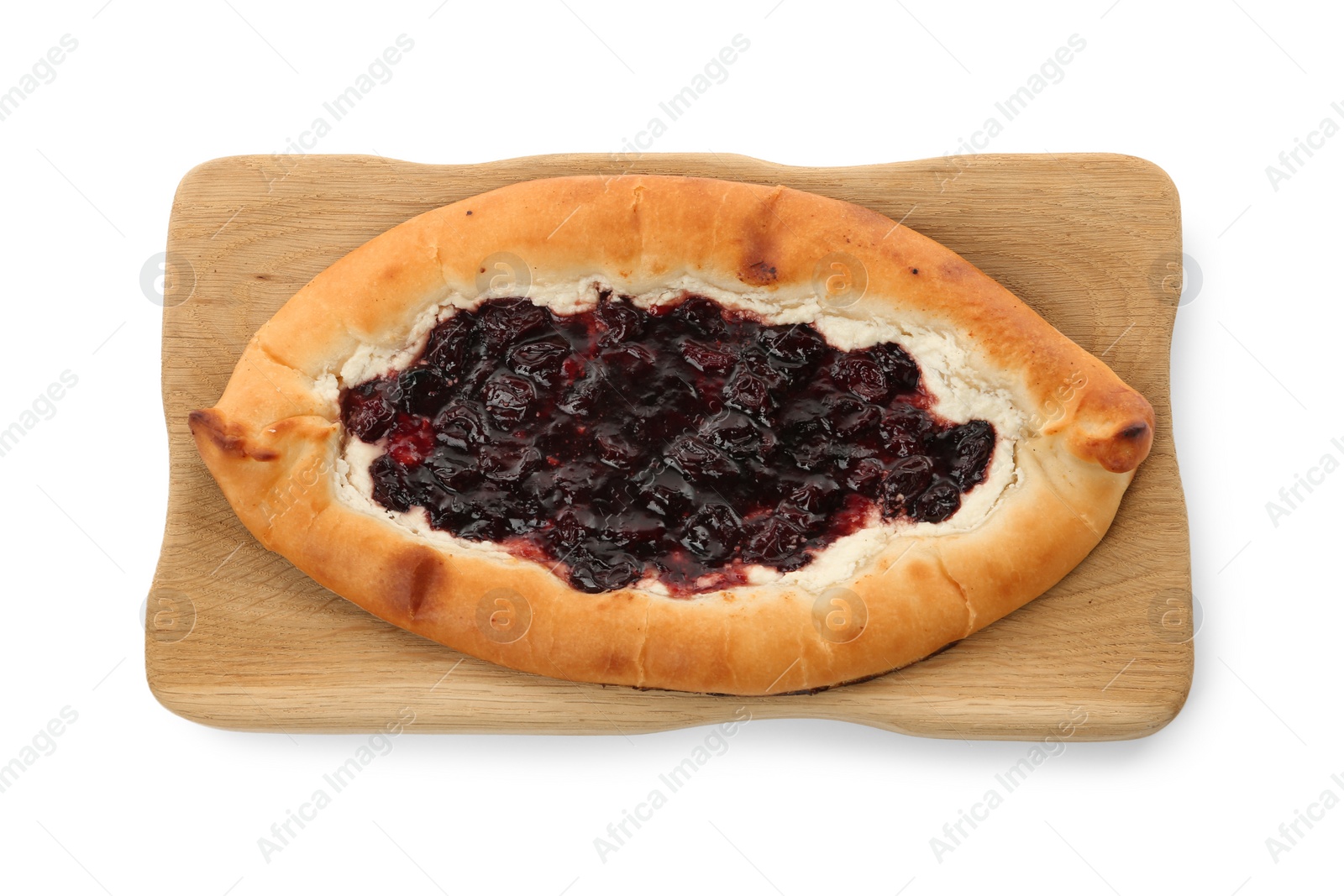 Photo of Delicious sweet cottage cheese pastry with cherry jam isolated on white, top view