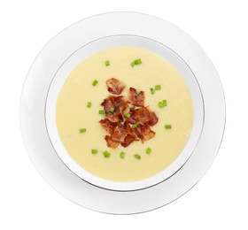 Tasty potato soup with bacon and green onion in bowl isolated on white, top view